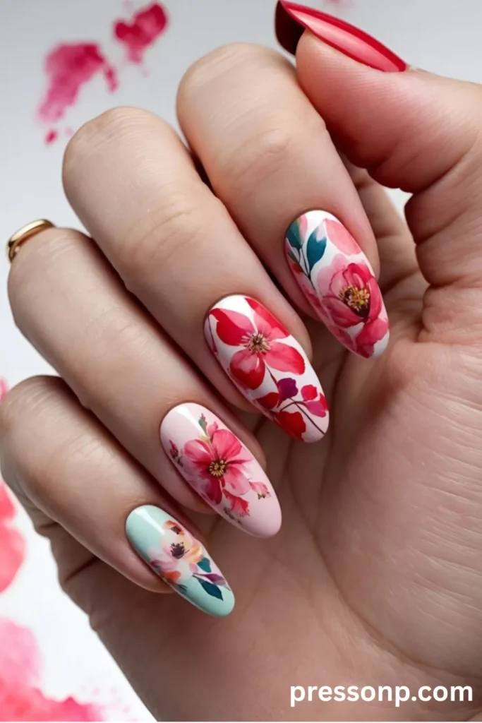 Close-up of a hand with long almond-shaped nails featuring intricate watercolor floral designs in vibrant shades of pink and red over soft pastel bases.