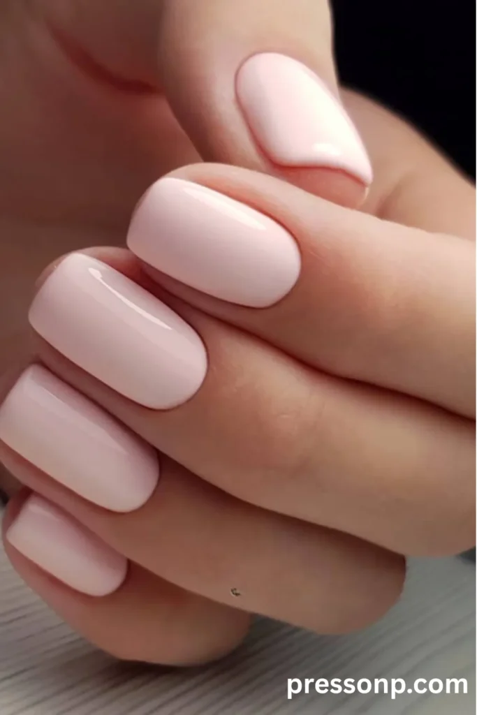 Close-up of short squoval nails featuring a solid, pale blush pink crème polish with a high-gloss finish